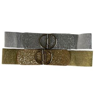 Bundle of 2 Glitter Stretch Waist Belts – Silver & Gold Elastic Cinch Belts